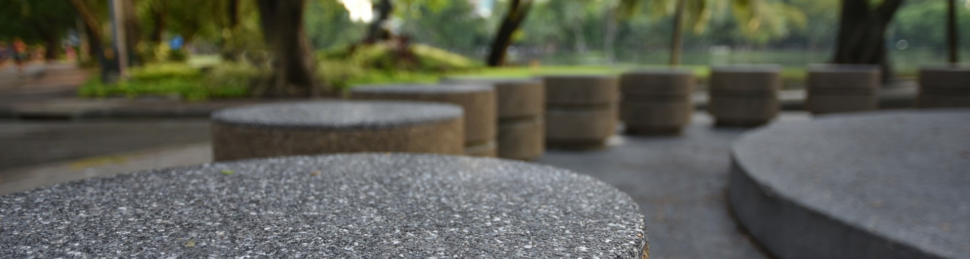 Circular ordered stone bollards with a background of grass and tree-trunks